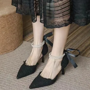 String Bead Aukštakulniai Batai Moterys Lankas Elegantiški sandalai Vasara 2024 Madinga suknelė Smailūs kojų batai Seklūs siurbliai Moteriškos Zapatos