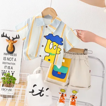 Summer Korean Style Clothes 2023 Cartoon Striped Turn-down Collar Marškiniai trumpomis rankovėmis ir šortai 2PCS Toddler Boy Sets Apranga