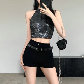Summer Temperament Slim Fit Show Thin Black Hot Pants Sequin Top Singer Dark Cool Style Show Shiny Tank Top Performance
