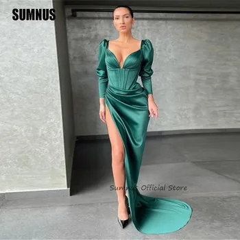 SUMNUS Tamsiai žalios undinės vakarinės suknelės V kaklo ilgomis rankovėmis Vakarėlio suknelė Aukšto plyšio klostės Oficialūs prom chalatai De Soirée