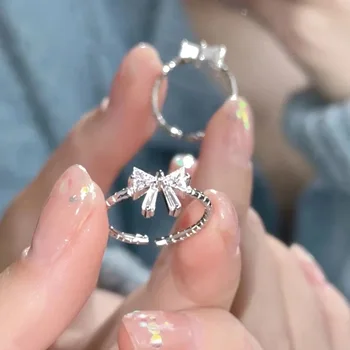 Sweet Fashion Zircon Bow Knot Open Rings Crystal Adjustable Girl Women Design Wedding Party papuošalų dovanos