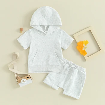 Toddler Baby Boy Girl Drabužiai Vienspalviai marškinėliai trumpomis rankovėmis su gobtuvu ir šortai 2 dalių vasaros džemperio apranga