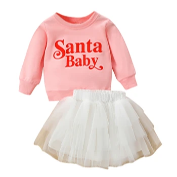 Toddler Girl 2 dalių apranga Kalėdinis laiškas spausdinti džemperiai ilgomis rankovėmis ir tinklinis tiulio sijono komplektas rudens drabužiams
