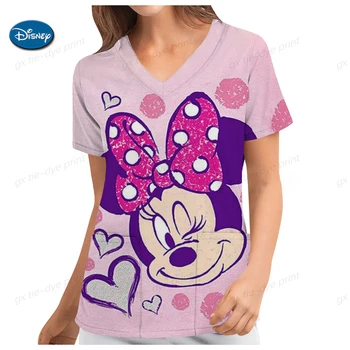 Top Women 2023 V Kaklo marškinėliai Ligoninė Tops Mickey Woman Clothes Disney marškinėliai Minnie Mouse marškinėliai Slaugytojo uniforma Kišeniniai trišakiai