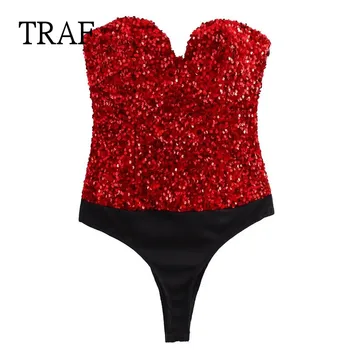 TRAF Sexy Sequins Moteriškas kombinezonas 2024 Nauji kūnai Moteriški drabužiai nuo pečių Be pečių Raudona žalia moteriškas trumpas kombinezonas prašmatnus