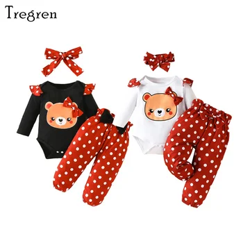 Tregren 0-18M Naujagimio kūdikio mergaičių drabužių rinkiniai Bear Print ilgomis rankovėmis Romper Dot Kelnės Bowknot Apranga Kalėdiniai drabužiai