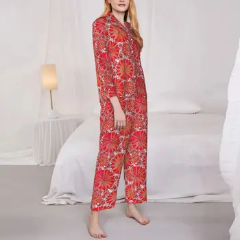 Tribal Print Miego drabužiai Pavasario mandala Spausdinti Laisvalaikio laisvi negabaritinių pižamų rinkiniai Moteriški ilgomis rankovėmis minkšti namų naktiniai drabužiai