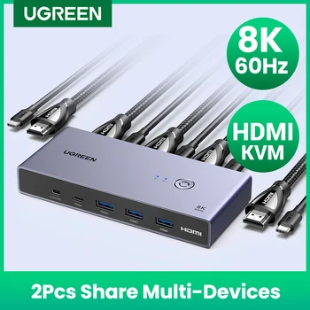 UGREEN 8K 60Hz HDMI KVM jungiklis USB C USB3.0 KVM perjungiklis 2 kompiuteriai Bendrinimas 1 monitorius, spausdintuvas, klaviatūra, pelės palaikymas 3D, HDR vizija