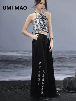 UMI MAO Naujas kinų stiliaus personažas Spausdinimas Plačios kojinės Kelnės Rudens suknelė Lempa Velvetas Laisvos asimetrinės kelnės moterims Y2K
