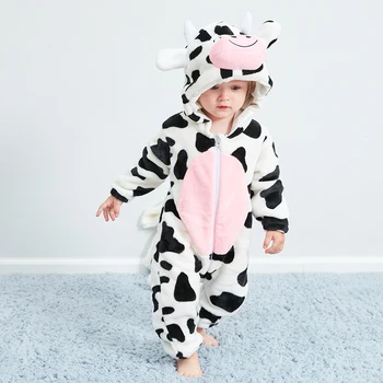 Umorden Warm Flanel Winter Romper Onesie Kigurumi for Baby Cartoon Milk Cow Costume Infant Toddler Jumpsuit su gobtuvu apranga