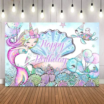 Undinės gimtadienio fonas Mažoji undinėlė Princesė po jūra Nuotrauka Fonas Jūros kriauklės Vėžlys Delfinų dekoracijos Reklamjuostė