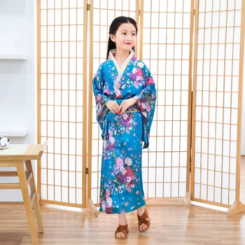 Vaiko naujumas Mėlyna Floaral suknelė Japoniška mergaitė Spausdinimas Kimono suknelė Vaikai Vintage Yukata Kid Girl Šokių kostiumai