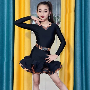 Vaikų pramoginių šokių suknelės Merginos ilgomis rankovėmis Lotynų šokių suknelė Samba Rumba Šokių kostiumas Scenos konkursas Dėvėti DWY9645