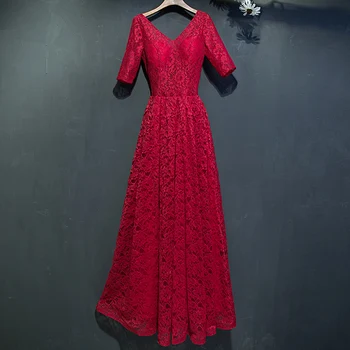 Vakarinės suknelės siuvinėjimas V-kaklo klostė grindų ilgio nėriniai A linijos trumpomis rankovėmis Burgundija plius dydžio moteriški oficialūs vakarėlių chalatai XC189