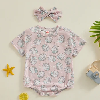 Vasariniai drabužiai Baby Girl trumpomis rankovėmis Romper Galvos juostos rinkinys Kriauklės Spausdinti Vasarinių smėlinukų viršūnės