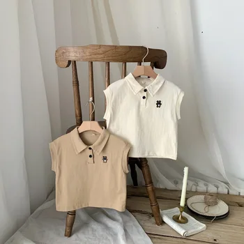 Vasariniai polo marškinėliai mažiems berniukams Atlapai Siuvinėtas lokys Marškinėliai trumpomis rankovėmis Kūdikių vienspalviai trišakiai Korėjos vaikų drabužiai