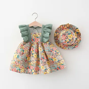 Vasarinė mergaitės suknelė ir skrybėlė dviejų dalių komplektas baby girl, dėvinti gėlių raštą ir spalvas blokuojantį skraidančių rankovių princesės sijoną