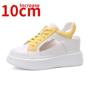 Vasaros sportinės basutės Moterys padidina 8-10cm Natūralios odos paaukštinti batai Tuščiaviduriai balti batai Romos kelnės Sandalas Moteriškos