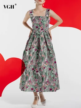 VGH Colorblock Spausdinimas Vintažinės suknelės moterims Kvadratinė apykaklė Berankovės Aukštas juosmuo Elegantiška suknelė be nugaros Moteriška mada Nauja