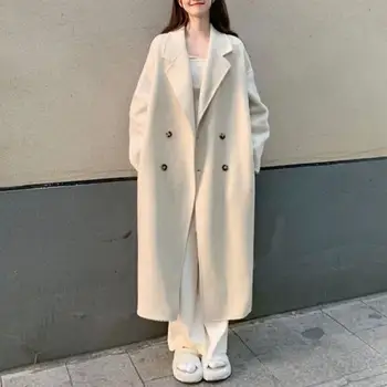 Vilnos paltas moterims 2023 Mada Elegantiškas moteriškas paltas Biuras Ponia Pasukite apykaklę Dviguba krūtinė Laisvas ilgas paltas Moterys