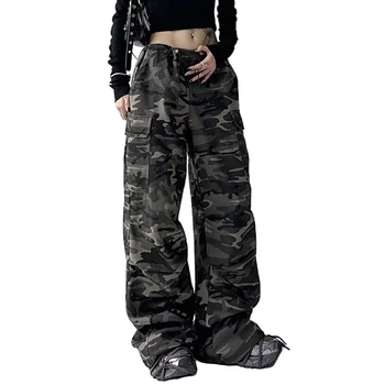 Vintažiniai amerikietiški kamufliažiniai krovininiai džinsai, moteriški raišteliai tiesios kojos aukšti gatvės drabužiai Y2k Hip Hop stiliaus baggy kelnės