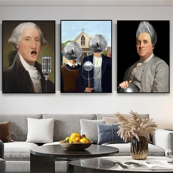 Vintažinis juokingas pakeistas meno plakatas Benjamino Franklino portreto atspaudai Aliejinė tapyba Drobė Tapyba Sienų menas Svetainės dekoravimas