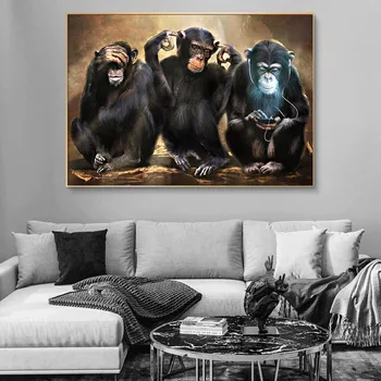 Vintažinė drobės tapyba Gyvūnų beždžionių sienų menas Trys juokingi orangutanai Aliejinė tapyba Sienų paveikslas namų dekorui Spausdinti plakatus