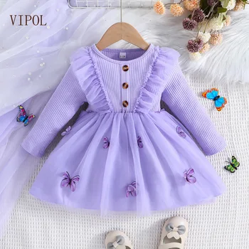 VIPOL Prekės ženklas Baby Girls Suknelė ilgomis rankovėmis Gėlė Violetinė 1 metų gimtadienio vakarėlio kostiumas Naujagimiai Vaikų kamuolinis chalatas Tinkliniai drabužiai