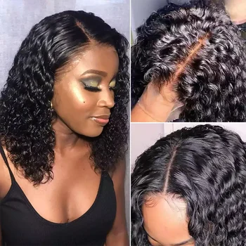 Water Wave Short Curly Bob 4×4 Uždarymo perukas Brazilijos šlapias ir banguotas13x4 nėrinių priekyje žmogaus plaukų perukai juodaodėms moterims