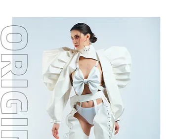 White Pu Leather Butterfly Spine Apranga Futuristiniai drabužiai Gogo šokėjų kostiumai DJ Ds Rave Apranga Drag Queen Cltohes