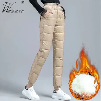 Winter Warm Down Cotton Jogger Pants Casual Fluffy Harem Pantalones Women Ankle-Long Snow Wear High Waist Thick Sweatpants