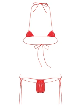 Womens Micro Mini bikini rinkinys Dviejų dalių apatinio trikotažo kostiumas Šlapios išvaizdos lakuotos odos apyrankė Suvarstoma liemenėlė su žemo aukščio G stygos apatiniais drabužiais