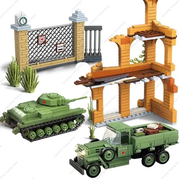 WWII GAZ-AA Karinių sunkvežimių tankų griuvėsiai Kovos mašina Kareivių statybinių blokų rinkiniai Sunkvežimio modelis Lėlės Kaladėlės Žaislai Vaikams Dovanos