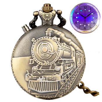 Šviečiantis senovinis LED ciferblatas Kvarcinis kišeninis laikrodis Bronzinis raižytas garo traukinys Steampunk variklis Geležinkelis Retro grandinės pakabukas Laikrodžio valandos