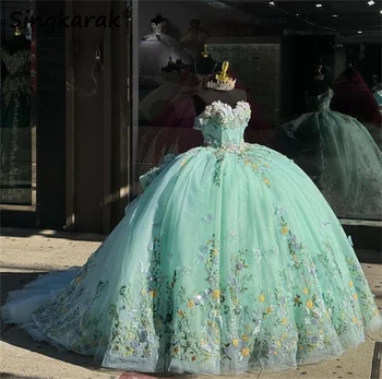 Žalios 3D gėlės Quinceanera suknelės Aplikacijos Vestidos XV Años 16 vakarėlių chalatai Karoliukai Aplikacijos Meksikos gimtadienio vakarėlis